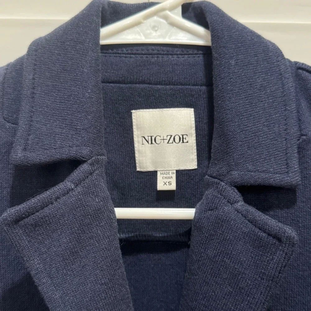 NIC+ZOE Knit Blazer Women XS Navy Blue 3-Button Flap Pocket Cardigan‎ Coastal